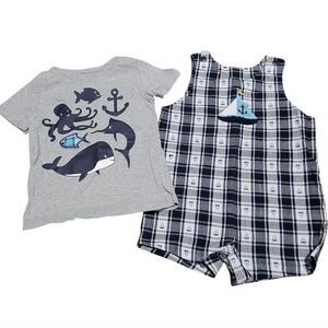 Boys plaid blue romper with boat embroidery